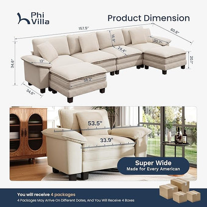 PHI VILLA Cloud Modular Couch Sets, 157.5" Oversized Sectional Sofa with U-Shaped Chaise, 6-Seater Couches with Movable Ottomans for Living Room, Chenille Beige