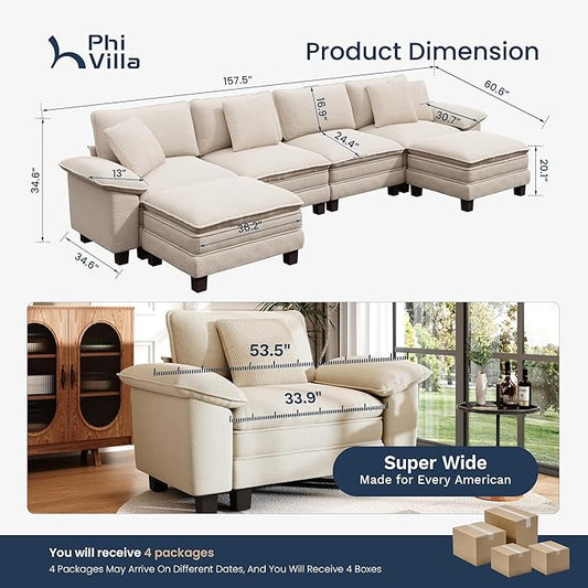 PHI VILLA Cloud Modular Couch Sets, 157.5" Oversized Sectional Sofa with U-Shaped Chaise, 6-Seater Couches with Movable Ottomans for Living Room, Chenille Beige