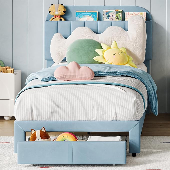 GarveeHome Twin Bed Frame with Drawer, Velvet Upholstered Platform Bed Frame with Storage Headboard, No Box Spring Needed, Easy Assembly, Noise-Free, Blue