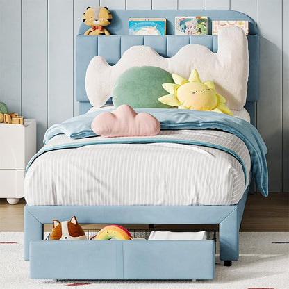 GarveeHome Twin Bed Frame with Drawer, Velvet Upholstered Platform Bed Frame with Storage Headboard, No Box Spring Needed, Easy Assembly, Noise-Free, Blue