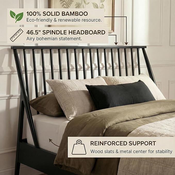 Merax Queen Size Solid Bamboo Wood Spindle Platform Queen Bed with 46.5" Tall Headboard, Bohemian Bed Frame with Wooden Slats and Metal Support, Mid-Century Modern Style, No Box Spring Needed, Black