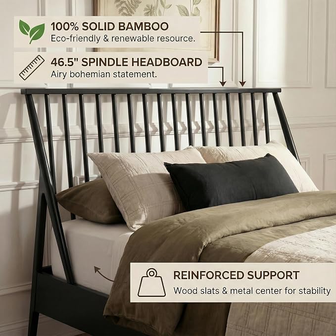Merax King Size Solid Bamboo Wood Spindle Platform Bed with 46.5" Tall Headboard, Bohemian Bed Frame with Wooden Slats and Metal Support, Mid-Century Modern Style, No Box Spring Needed, Black