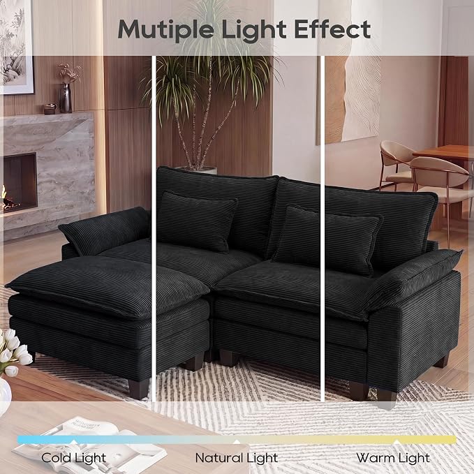 URRED Oversized Modular Sectional Sofa, 87" L Shaped Modern Comfy Cloud Couch with Movable Ottoman & Pillows, Deep Seat Couches for Living Room, Bedroom or Apartment (Corduroy Black, 87" L Shaped)