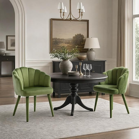 Hyfirm Velvet Dining Chairs Set of 2, Upholstered Modern Kitchen Dining Chairs with Petal Back & Fabric Covered Wooden Legs, Comfy Accent Armchairs for Bedroom/Kitchen/Vanity, Olive