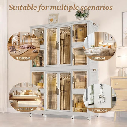 Portable Wardrobe Closet Organizer, Large Kids Wardrobe Closet with Magnetic Doors and Wheels, Collapsible Plastic Baby Clothes Storage Cabinet, 8 Cubes and 2 Wardrobes (18.1"D x 40.1"W x 60.2"H)