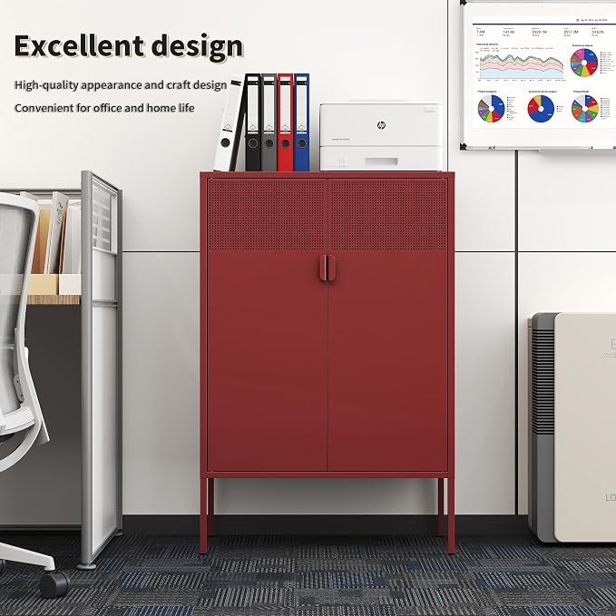Metal Storage Locker Cabinet with 2 Doors & Adjustable Shelves, 47" Red Accent Furniture, Multipurpose Office Dresser or TV Stand for Home Entryway