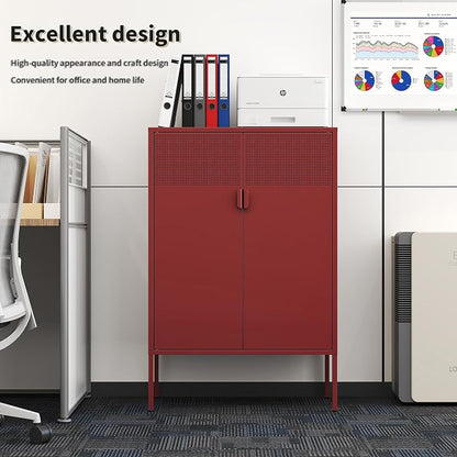 Metal Storage Locker Cabinet with 2 Doors & Adjustable Shelves, 47" Red Accent Furniture, Multipurpose Office Dresser or TV Stand for Home Entryway