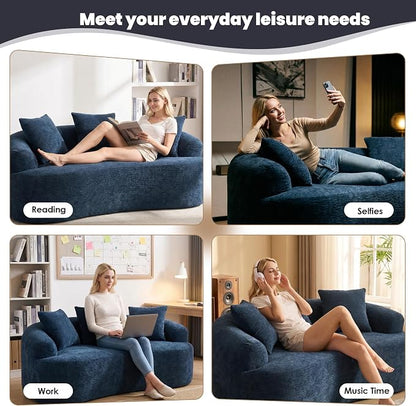65" Curved Loveseat,Deep Seat Cloud Floor Couch with 3 Backrest,Cozy Chenille Fabric,Small Loveseat for Small Spaces,Bedroom,Office,Apartment (Blue, 65 Inch)