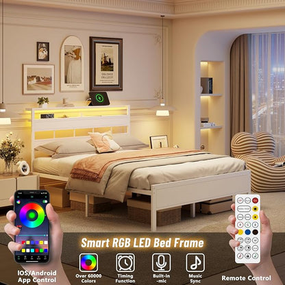 Furnulem Queen Bed Frame with Storage Headboard and LED Lights, Metal Bedframe with Charging Station and USB Port, Queen Size Platform Bed with Heavy Duty Slats, No Box Spring Needed, White