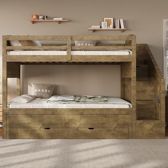 RUNNA Twin XL Bunk Bed with Trundle, Storage Stairs,Kids Bedroom,Walnut | Twin XL bunk bed with trundle, storage stairs, solid wood frame, guardrails, no box spring needed,Walnut, space saving