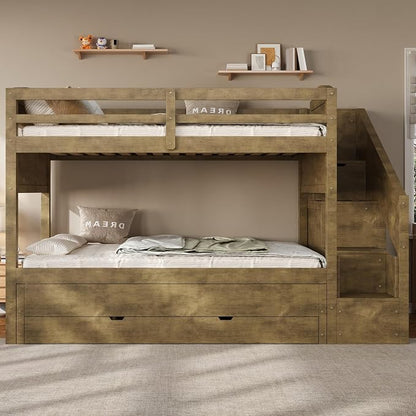 RUNNA Twin XL Bunk Bed with Trundle, Storage Stairs,Kids Bedroom,Walnut | Twin XL bunk bed with trundle, storage stairs, solid wood frame, guardrails, no box spring needed,Walnut, space saving