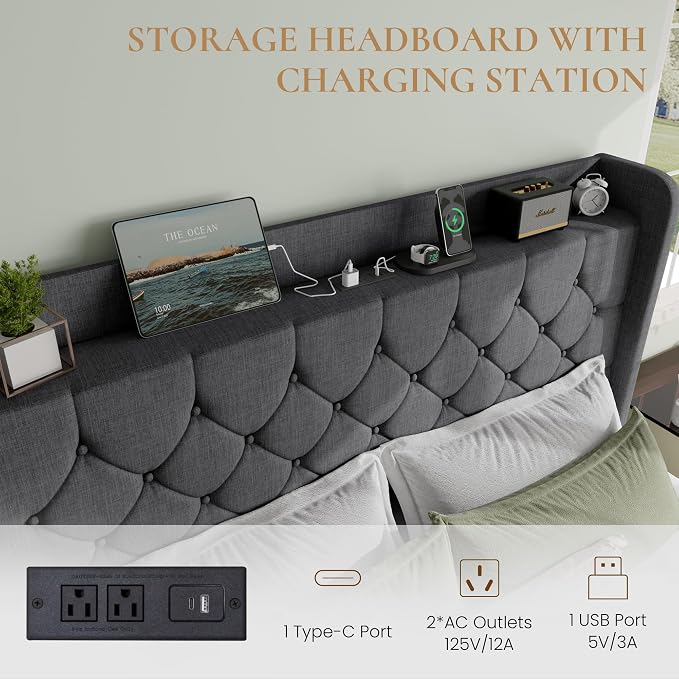 SHA CERLIN Queen Platform Bed Frame with Charging Station, Linen Wingback Headboard with Storage Shelf, Wooden Slats Support, Ample Under-Bed Space, No Box Spring Needed, Easy Assembly, Dark Grey