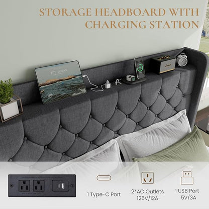 SHA CERLIN Queen Platform Bed Frame with Charging Station, Linen Wingback Headboard with Storage Shelf, Wooden Slats Support, Ample Under-Bed Space, No Box Spring Needed, Easy Assembly, Dark Grey