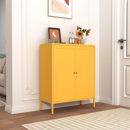 36" H Metal Storage Cabinet with Recessed Door & 2 Adjustable Shelves, Freestanding Metal Sideboard Organizer for Kitchen, Living Room, Entryway, Yellow