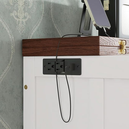 PVWIIK Queen Murphy Bed with Drawer & Charging Station for Bedroom,Home Office, Studio,Guest Room,Queen Size Solid Wood Bed Frame Murphy Bed with USB Port for Bedroom,White-Walnut