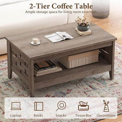 Giantex Farmhouse Coffee Table, 2-Tier Center Table with Storage Open Shelf & Woven Slatted Design, 39.5" Rectangular Accent Cocktail Table, Wood Coffee Tables for Living Room (Rustic Oak)