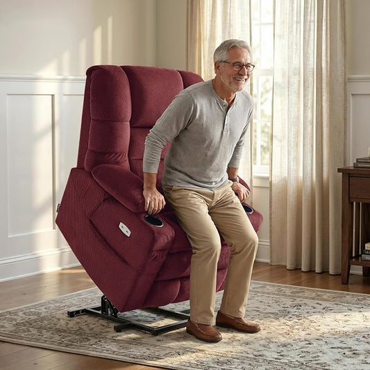 MCombo Triple Motor Lay Flat Power Lift Recliner Chair for Tall Elderly, Infinite Position, Massage, Dual Heating, Adjustable Headrest, Fabric 7634 (Burgundy, Large)