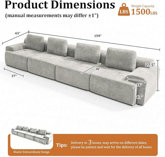 159" Oversized Boneless Couch, Comfort Cloud Sectional Couches for Living Room, Modular Sofa High Back & Extra Deep Seat, No Assembly, Soft Chenille Fabric (Light Grey, 159 inch-（4+0）)