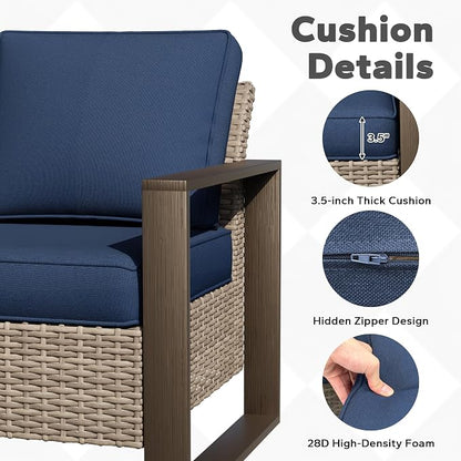 Joyside Outdoor Patio Wicker Sofa, 3-Seater Rattan Sofa with Thick Olefin Cushions and Metal Steel Rectangular Framed Armrest -Looking Metal Armrest Suitable for Garden, Backyard, Porch, Deck, Blue