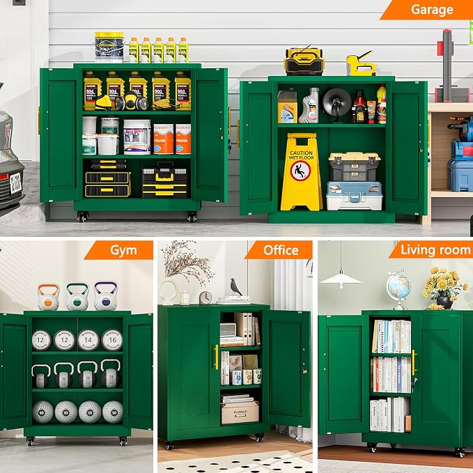 Rolling Metal Tool Storage Cabinet with Doors and Adjustable Shelves, Small Locking Garage Storage Cabinet, Green Steel Tool Cabinets with Wheels for Garage, Basement, Office, Utility Room