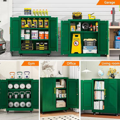 Rolling Metal Tool Storage Cabinet with Doors and Adjustable Shelves, Small Locking Garage Storage Cabinet, Green Steel Tool Cabinets with Wheels for Garage, Basement, Office, Utility Room