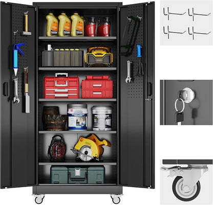 Reemoon 71" H Garage Storage Cabinets with 5 Adjustable Shelves and Door Pegboard,Metal Storage Cabinets with Wheels for Garage Home,Required Assembly,Black