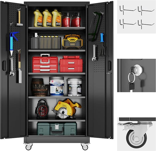 Reemoon 71" H Garage Storage Cabinets with 5 Adjustable Shelves and Door Pegboard,Metal Storage Cabinets with Wheels for Garage Home,Required Assembly,Black