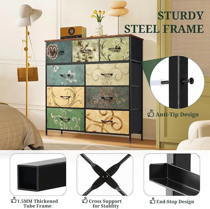 9-Drawer Dresser for Bedroom, Anti-Tip Tall Storage Organizer Chest of Drawers with Wooden Top and Metal Frame Fabric Bins for Closet, Living Room, Hallway, Entryway, Floral Painted
