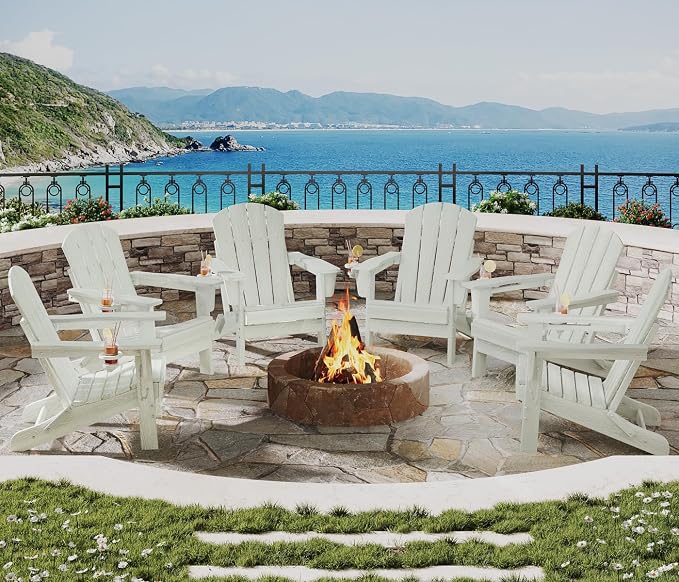 Garvee Folding Adirondack Chair Set of 5, HDPE Outdoor Patio Chair with Cup Holder, All Weather Resistent Wooden Textured for patios, Decks, Gardens, fire Pit, White