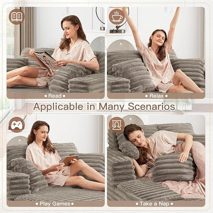 JEEOHEY 56" Oversized Chaise Lounge Chair Indoor,Plush Faux Fur Sleeper Sofa Couch Bed with Pillows&Wide Armrests,Fluffy Comfy Cloud Couch,Compression Foam Couch for Living Room,Bedroom(Brown)