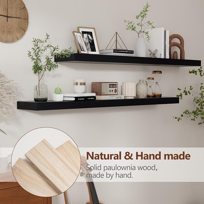 fuqing Black Floating Shelves 48 Inch, Solid Wood Wall Mounted Shelves Set of 2, Extra Long Modern Floating Shelves for Wall Decor & Storage, Shelves for Bathroom Bedroom Kitchen Living Room - Black