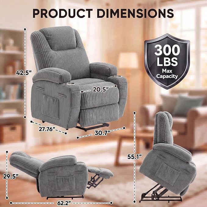 Flamaker Power Lift Chair Massage Recliner Chairs for Elderly, Corduroy Ergonomic Design with Cup Holders & Side Pockets, Remote Control (Dark Gray)