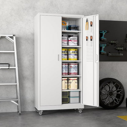 Garage Storage Cabinet with Wheels & Pegboard, 71" H x 34" W x 18" D Locking Metal Storage Cabinet with 2 Doors and 5 Adjustable Shelves for Garage, Home, White, Assembly Required