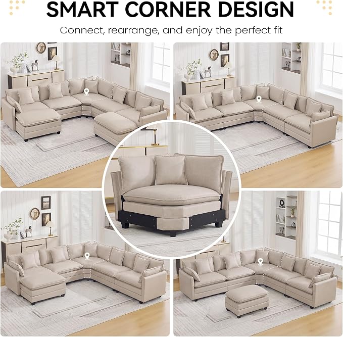 147'' Oversized U Shaped Cloud Sectional Sofa, Leather Deep Seat Couches for Living Room, Comfy Upholstered Modular Sectional Sofa Couch, Leather Beige