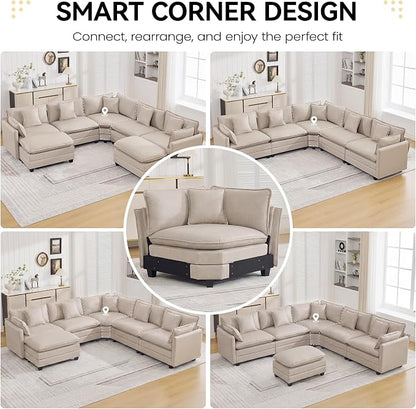 147'' Oversized U Shaped Cloud Sectional Sofa, Leather Deep Seat Couches for Living Room, Comfy Upholstered Modular Sectional Sofa Couch, Leather Beige