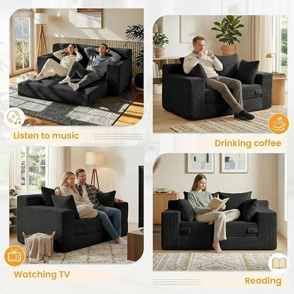55" Small Boneless Couch, 3-in-1 Boneless Loveseat Sleeper Sofa Bed Convertible Sofa Bed with 4 Pillows, Black Corduroy Boneless Couch for Living Room, Guest Room, Small Space, No Assembly Required