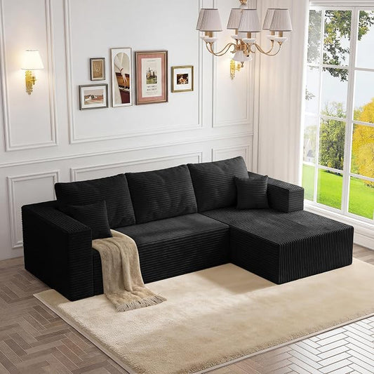 108" Modular Sectional Sofa, L-Shaped Cloud Couch with Deep Seats & Chaise, Convertible 4-in-1 Corduroy Boneless Couches for Living Room, Bedroom, No Need Assembly,Black(Right Facing Chaise)