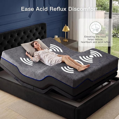 Marsail NS1 Massage Adjustable Base with Mattress Set, Split King Adjustable Bed Frame + 14-inch Cooling Gel Memory Foam Mattress, Dual Motor Bed Frame with Wireless Remote, CertiPUR-US Certified
