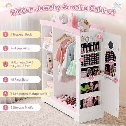 Xilingol Kids Armoire with Jewelry Cabinet, Dress up Storage with Mirror and Shelves, Princess Dress Closet and Costumes Wardrobe Closet, Costume Organizer for Bedroom, Kids Room, Girls (White)