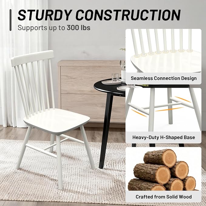 AreShark Windsor Dining Chairs, Farmhouse Wooden Dining Room Chairs, Solid Wood Kitchen Chairs with Spindle Back Set of 2, White