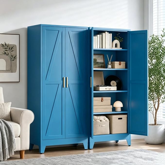 71”H Metal Kitchen Pantry Cabinet, Pantry Cabinets with 2 Doors and 4 Shelves, Kitchen Cabinet for Kitchen, Dining Room, Living Room and Bathroom, Blue