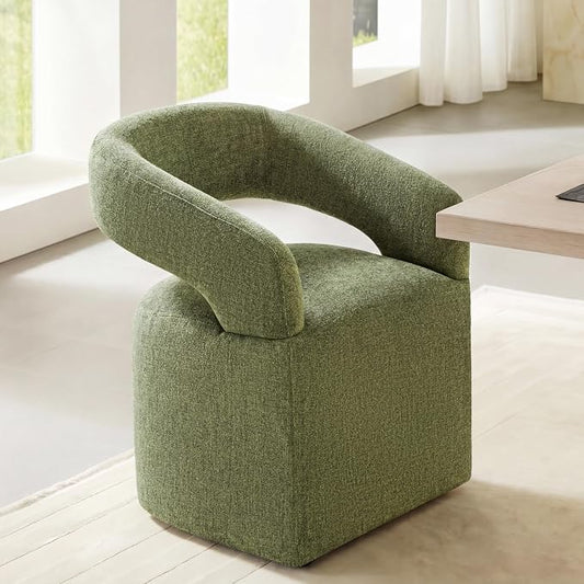 KISLOT Upholstered Dining Chairs Set of 1, Modern Arm Kitchen & Dining Room Chairs with Hidden Casters, Linen Fabric Padded Rolling Chairs, Sturdy Wood Frame, 300 lbs Capacity, Moss Green