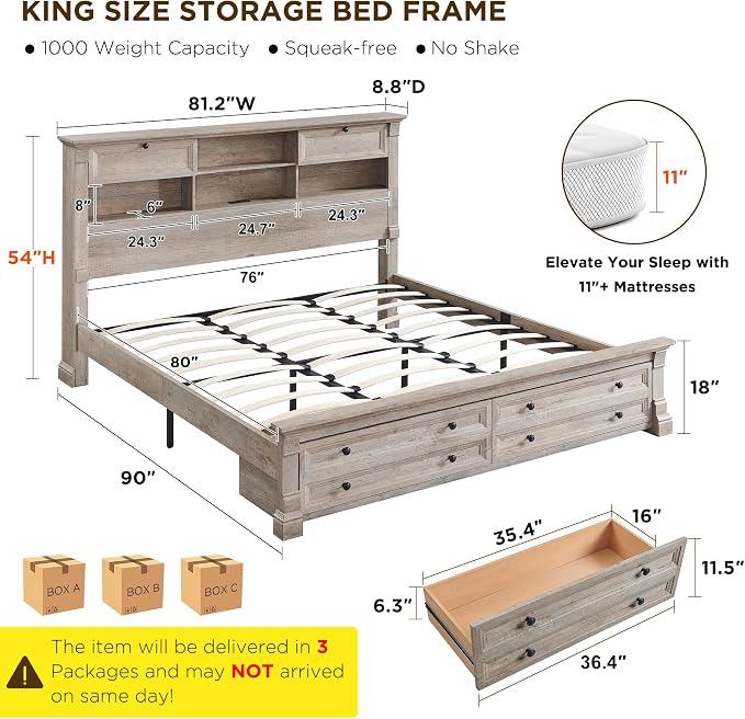 Farmhouse King Size Bed Frame with 54" Tall Storage Bookcase Headboard, 18" Roman Column Decoration Footboard,2 Drawer & 4 Storage Rack, Wood Platform Bed Frame, No Box Spring Needed(Light Rustic Oak)