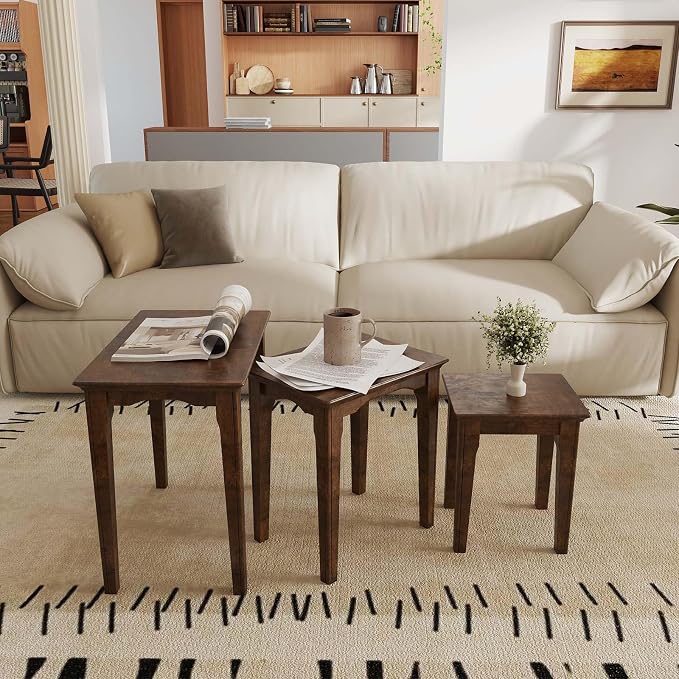 Kmax Nesting Tables Set of 3, Small Sofa Side Table Rustic Stacking End Table Rectangle Solid Wood Coffee Tables for Small Space - Walnut