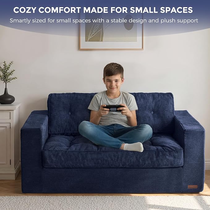 MAXYOYO Loveseat Sofa Couch, Upholstered Bean Bag Chair Cloud 2-Seat for Adults, Boneless Couch with Tufted Cushion & Pillows, Sofa in A Box, No Assembly Required, Navy