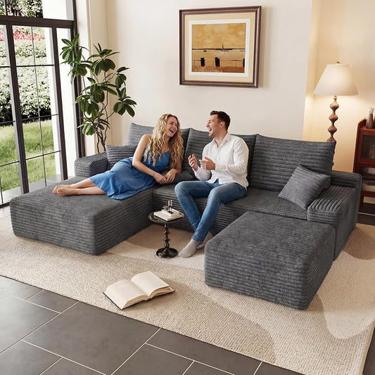 95" Cloud Sectional Couch U-Shaped Chaise with Ottoman, Corduroy Boneless Couch for Living Room Bedroom, Deep-Seat Upholstered Modular Cloud Sofa, No Assembly Required (Grey, Left Facing Chaise)