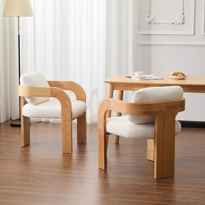 Christopher Knight Home Yorick Modern Boucle Dining Chair Set of 2 with Cushion, Solid Wood Dining Room Armchair Set, Curved Backrest Kitchen Side Chair, Living Room Comfy Extra Seat, Natural+White