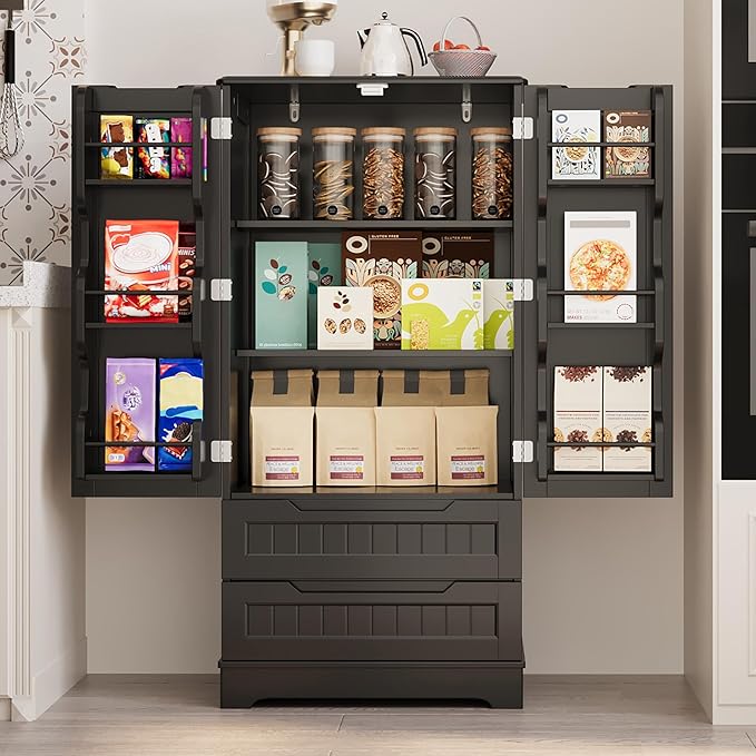 Gizoon Kitchen Pantry Cabinet with Drawers, 47" Small Food Pantry Storage Cabinet with 6 Door Shelves for Snack and Spice, Freestanding Craft Storage Cabinet for Craft Room, Black, Painted