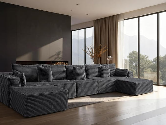 168" Cloud Sectional Couch, Comfort U Shaped Sofa for Living Room, Extra Deep Seats No Assembly, Minimalist Modular Couch, Corduroy (Dark Grey, 7 Seats,U-Shape A)