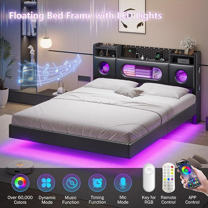 Dnxao Floating Bed Frame Queen with Headboard Storage& LED Lights, PU Black | Modern Metal Platform Bed with USB & Type C Charging Station and Hidden Storage, Metal Support, No Box Spring Needed